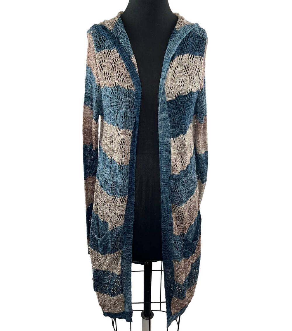 Anthropologie MOTH Open-Knit Linen Tan/Blue Stripe Hooded Midi Cardigan Duster S